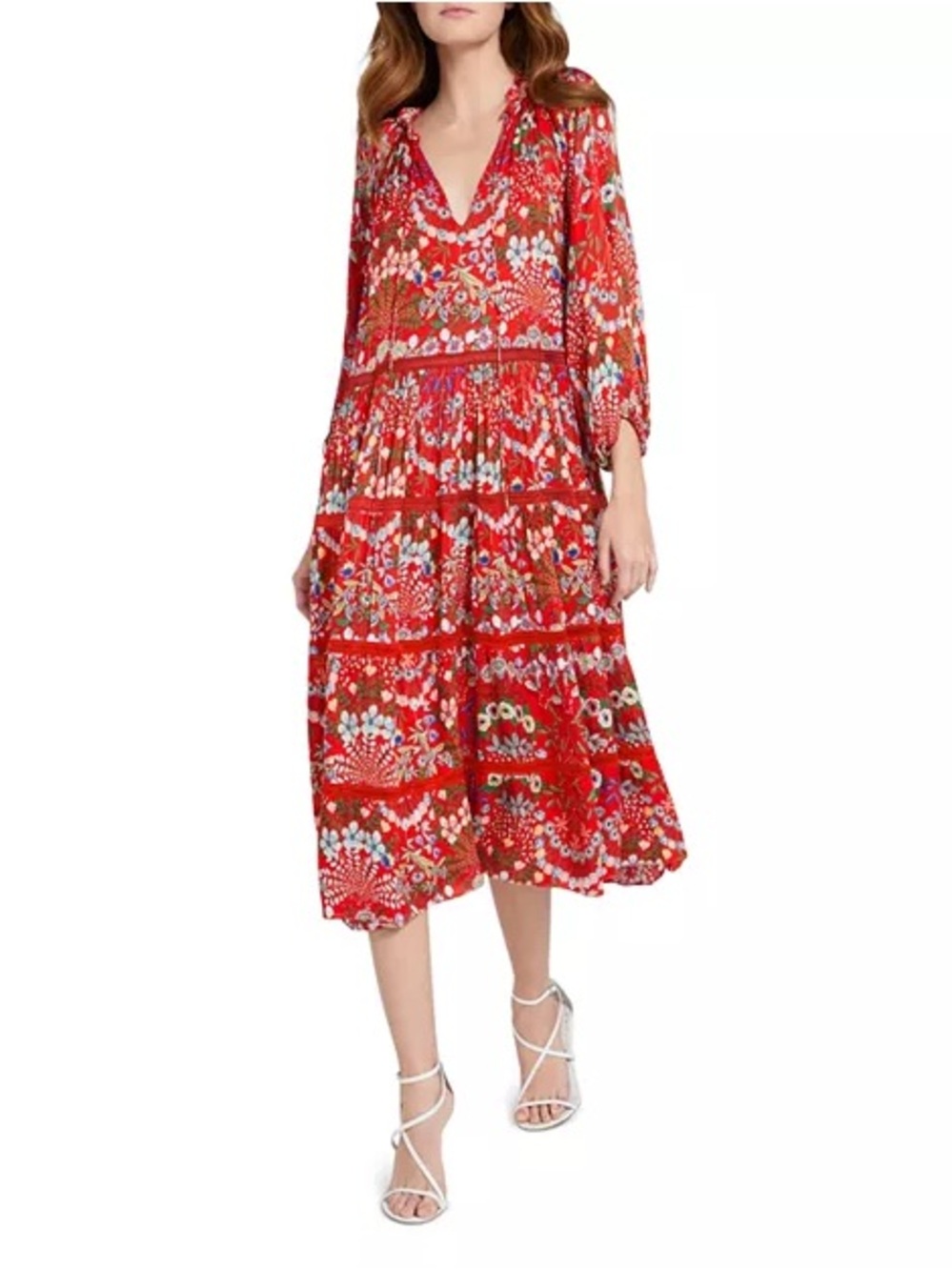 Alice + Olivia Red Floral Tiered V-Neck Midi Dress